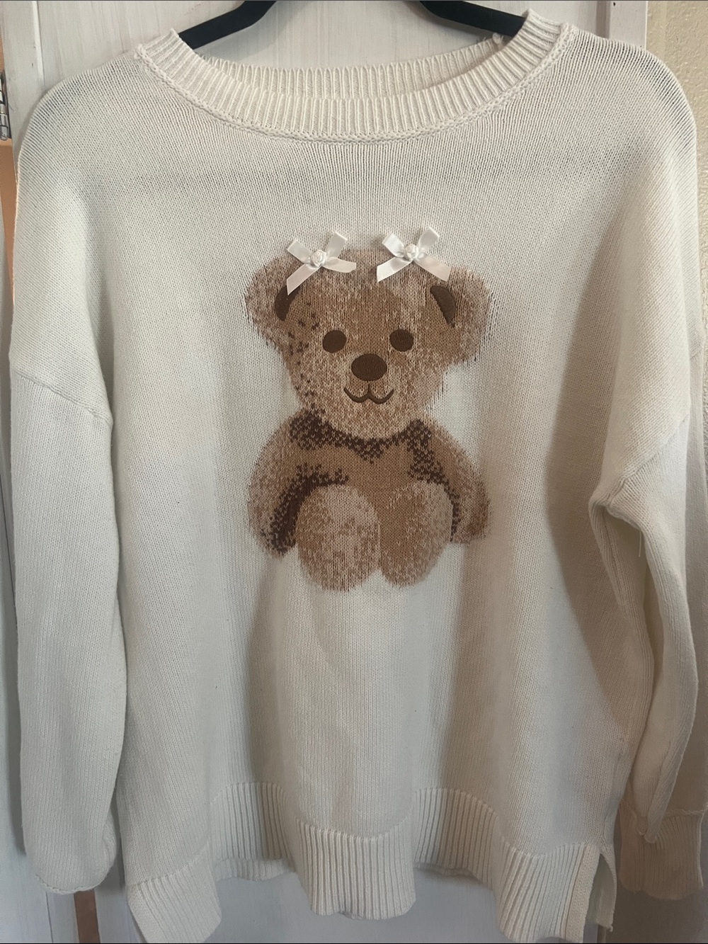 Sincerely Jules Cream Sweater with Brown Teddy Bear and Bows